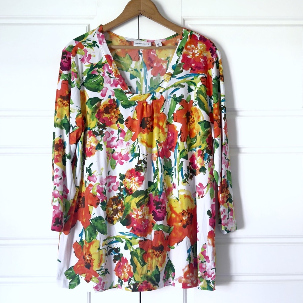 Susan Graver Liquid Knit Floral Tunic Top Women L Colorful 3/4 Sleeve Gardencore